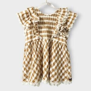 Matilda Jane Enchanted Garden Firefly Flutter Sleeve Top Sz 10 Tan Plaid Cottage